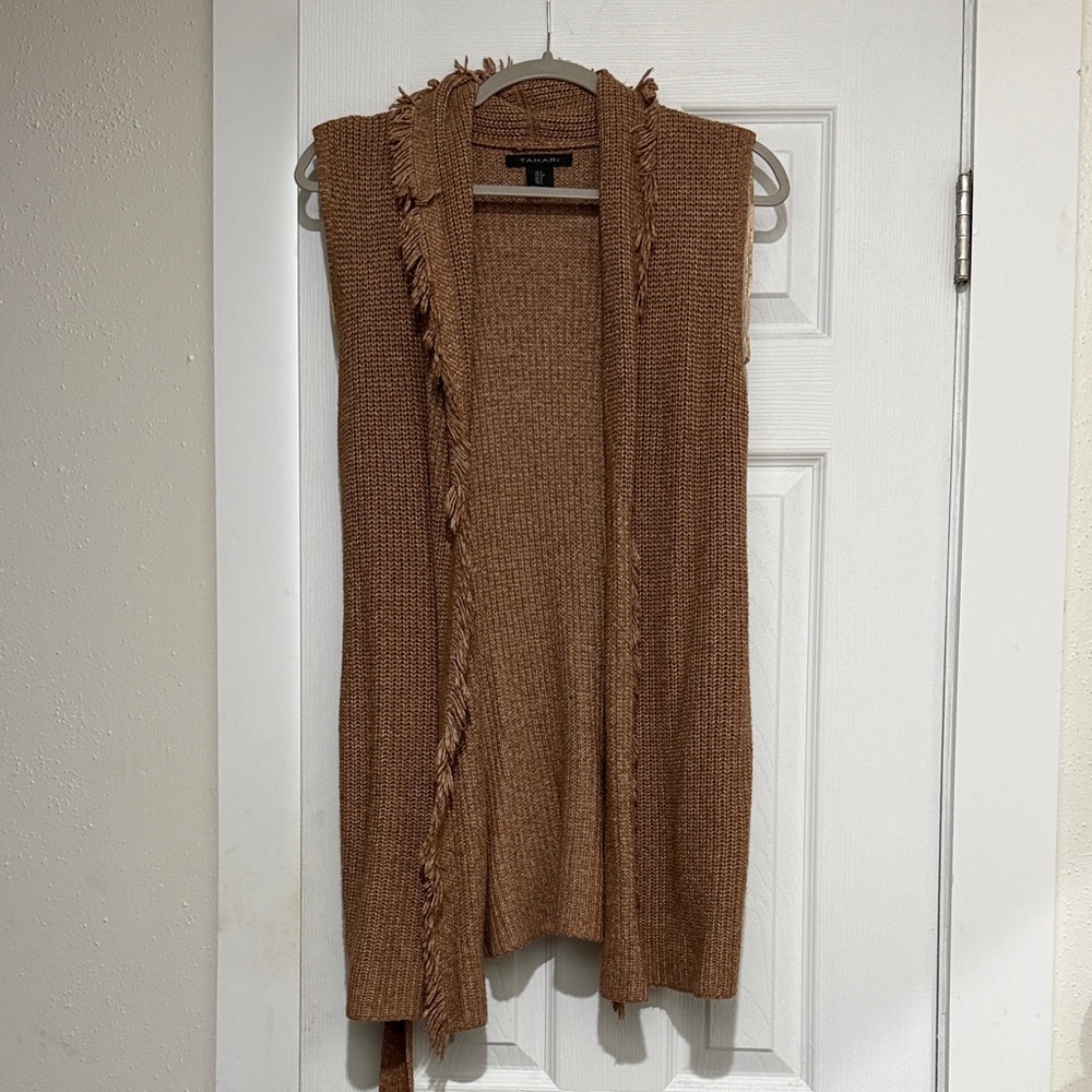 Tahari Tan Knit Vest with Fringe
